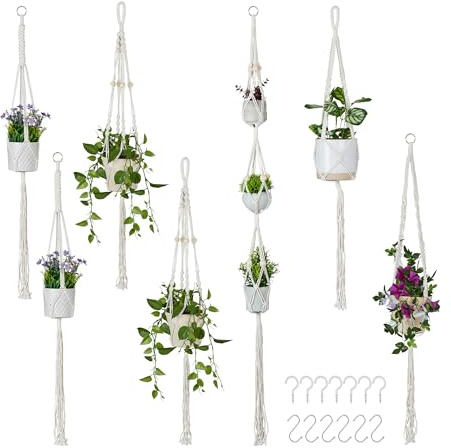 Relaxdays macramé plant hangers, set of 7, boho design, various sizes, indoor plant holders, cotton, cream