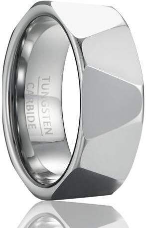 SOXEMAN Herren 8mm breiter facettierter Wolfram-Hochzeitsring mit alternierendem geometrischem Schliff (US-Größen) | Poliertes Silber | US-Größe 12 (67,2 mm)