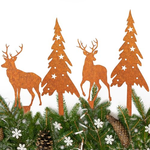 Mecctuck 4 Stück Rost Deko Weihnachten, Gartenstecker, Roststecker, Weihnachtsdeko Aussen, Rost Metall Wetterfest, Weihnachtsbaum Rentier Deko für Advent Weihnachten Garten Terrasse Balkon