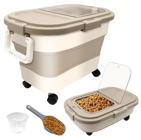 Zyluniy Conteneur à Croquettes pour Chien et Chat, Capacité 7-10 kg, Boîte de Stockage Pliable avec Roues, Cuillère et Tasse à Mesurer, Rangement Aliments Secs, Beige Kaki