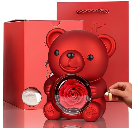 yayafunfun Red Romantic Teddy Bear with Preserved Rose Heart, Hidden Jewelry Box, Eternal Red Rose Teddy Bear Gift for Women Girl Valentines Day, Mother's Day, Birthday,Wedding, Bridal Shower