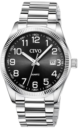 CIVO Leicht Lesbar Uhren Herren: Silber Edelstahl Analog Große Ziffern | Wasserdicht Quarz Herrenuhr mit Leuchtzeiger Datum - Alltagsuhr für den Business-Mann - Geschenk für Senioren mit Sehschwäche