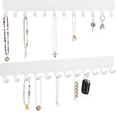 2 Pack Wall Mounted Necklace Holder, Adhesive Non-Drill Jewellery Organizer Hooks, Metal Necklace Display for Door Wall Storage