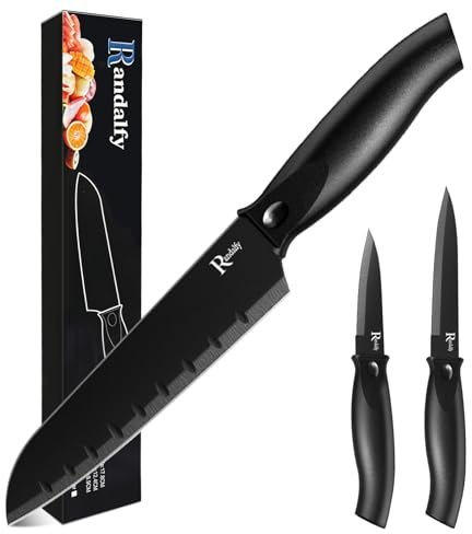 Randalfy 3 Pieces Kitchen Knife Set, Ultra Sharp Stainless Steel Chef Knives Set with Santoku, Utility, Paring Knife for Fruit, Vegetable, Tomato, Peeling - Popular Family Kitchen Collection (Black)