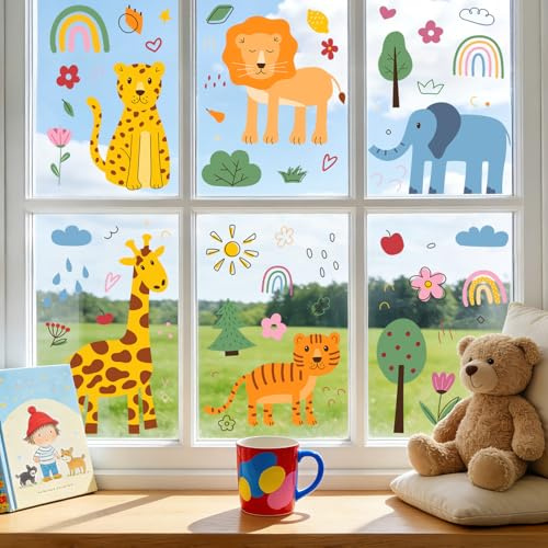 Joeyan 6 Stück Fensterbilder Kinder Selbstklebend, Tier Fensteraufkleber | Süßen Giraffen Elefanten Löwen Leoparden, Wiederverwendbare & Doppelseitige Fenstersticker Innen Kinderzimmer Schule Glasdeko