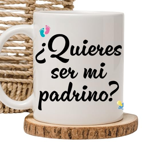 Taza ¿Quieres ser mi padrino? - Taza de Cerámica Blanca Personalizable, 350 ml, Diseño de Bebé, Regalo para padrinos de bebés