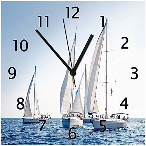Wallario Design-Wanduhr Segelschiff auf dem Meer aus Glas, Motiv-Uhr Größe 30 x 30 cm, Schwarze Zeiger