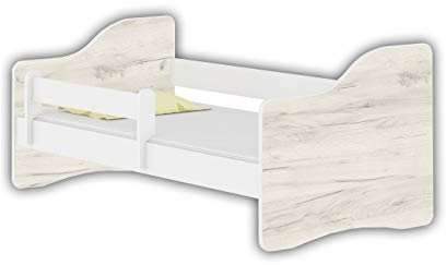ACMA Jugendbett 160x80 Kinderbett mit Rausfallschutz und Matratze, Weiß Happy, Farbe Eiche Weiß, mit Lattenrost, stabil, Kinderzimmer Bett, Jugendmöbel