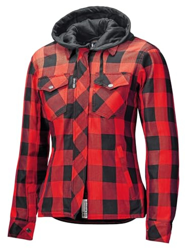 Held Lumberjack 2 - Motorrad Hemd mit Protektoren - CE zertifizierte Motorradjacke Damen EN 17092 - Flanell Material - Abnehmbare Kapuze - Softprotektoren Schulter&Ellbogen - Schwarz/Rot - Größe D-2XL