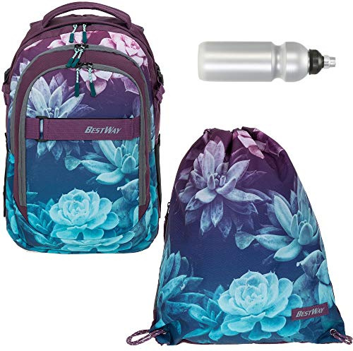 Schulrucksack 3 Teile Set Bestway Evolution Packer Jungen Mädchen Rucksack mit Sportbeutel und Trinkflasche (Dark Flower 5821)