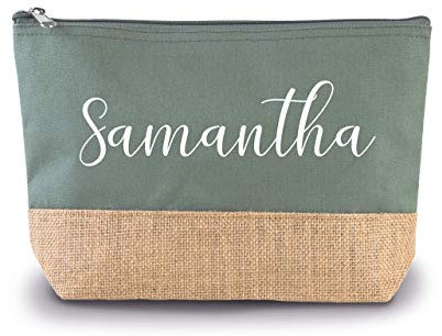 Trousse personnalisée en coton et toile de jute couleur vert, trousse de toilette, prénom, cadeau anniversaire, cadeau femme, trousse bijoux, cadeau personnalisé