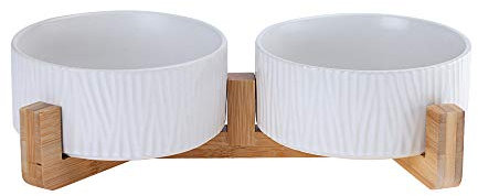 Blanc Pet Gamelles pour Chien et Chat Gamelles Chien Chat Céramique Support Bambou -Va au Lave-Vaisselle et Facile à Nettoyer (2 Bol)