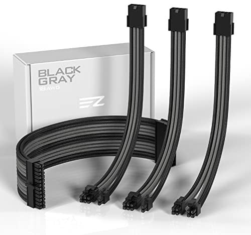 EZDIY-FAB PSU Cable Extension Sleeved Custom Cable for PC Power Supply,Soft Nylon Braided with Comb Kit 24PIN/8PIN to 6+2Pin/ 8PIN to 4+4PIN-30CM 300MM - Black and Grey