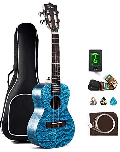 Caramel MC63 Konzert-Ukulele, handgewischt, blau, gesteppt, Ahorn, mattes Finish, Ozean-Stil, Gigbag, Saiten, Stimmgerät, Anfänger-Set