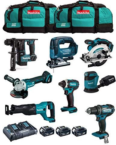 Makita MK801: 8-teiliges 18V Profi-Werkzeug-Set (DDF482, DHR171, DGA504, DTD152, DJV182, DSS610, DJR186, DBO180) mit 3x 5,0 Ah Akku, Ladegerät und 2x LXT600 Trolley