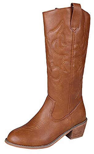 Stivali Donna Tacco Invernali Bassi Gomma Pioggia Militari Stivaletti Invernale Stivali Donna Scarpe Tacco Quadrato Stivali a Tubo Centrale in Pelle Slip-On Stivali Punta Arrotondata (37,Marrone)