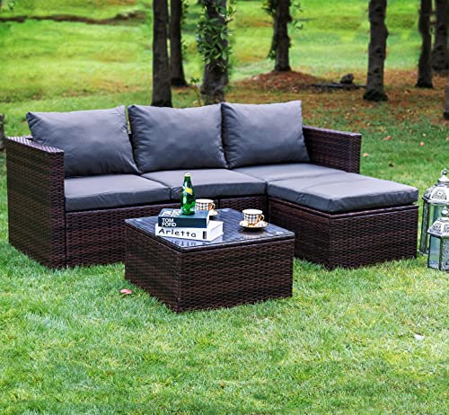 Rattan Garden Corner Sofa with Coffee Table Patio Furniture- 3 to 4 Seater Rattan Corner Sofa Garden Furniture Sets - FREE RAIN COVER INCLUDED (‎Dark Brown Mixed With Dark Grey Cushions)