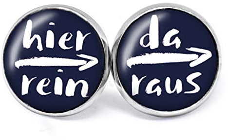 JUANLOWE Hier rein, da raus Ohrringe mit Spruch, Damen Sprüche Ohrstecker (Schwarzblau)