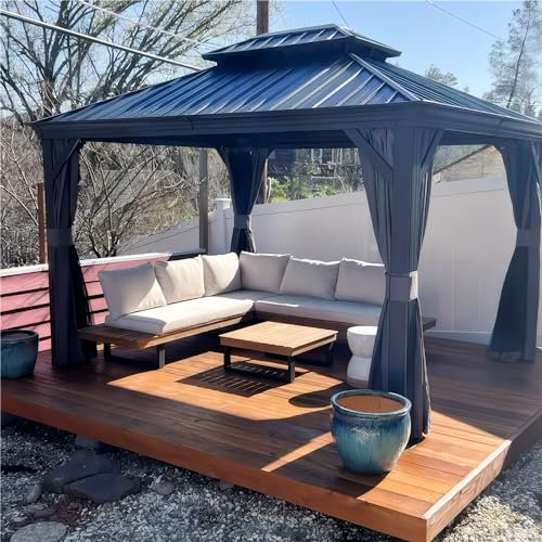 PURPLE LEAF 3 x 3.65m Large Hardtop Gazebo with Galvanised Steel Double Roof, Permanent Aluminium Garden Gazebo with Curtains & Netting for Patio, Lawn or Deck, Grey