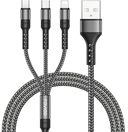 RAVIAD Câble Multi USB, 3 en 1 Câble Universel [1.2M] Multi USB Câble de Chargement en Nylon avec Micro USB Type C Lightning Câble pour iPhone, Samsung Galaxy S23, Huawei, Honor, OnePlus- Gris