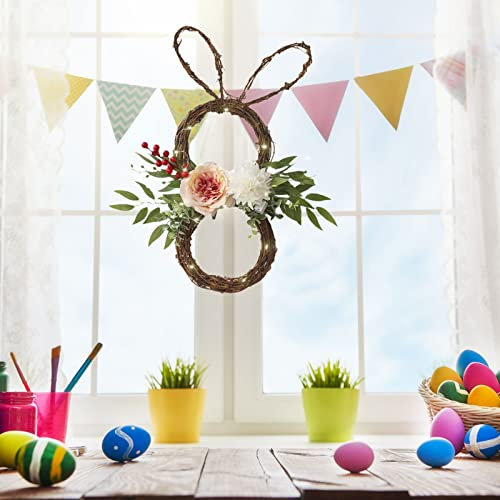 DEDEMCO Osterhasen-Rattankranz mit Frühlingsblumen, 50 cm, hasenförmiger Weinreben-Zweig-Kranz, handgefertigt, Rattan-Kaninchen-Girlande für Haustür und Heimdekoration