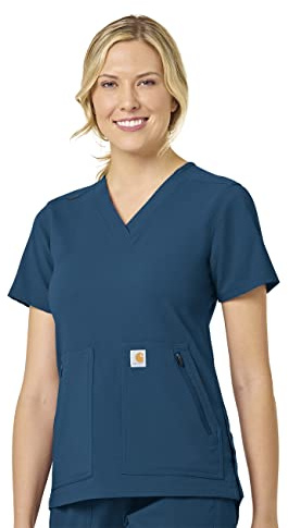 Carhartt Damen Modern Fit 4 Taschen V-Ausschnitt Scrub Top Medizinisches Schlupfhemd, Blau (Caribbean Blue), Klein
