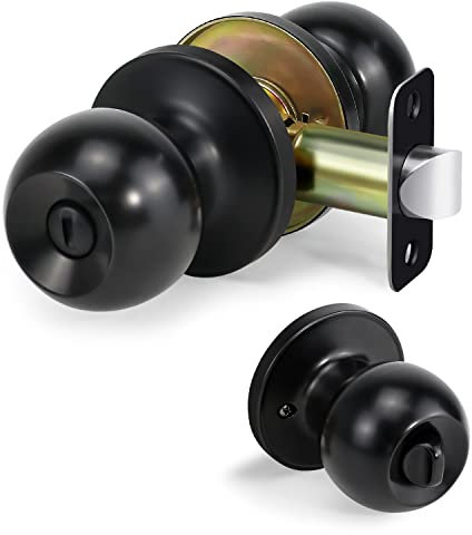 Loqron Ball Door Knob Privacy Door Knob, Keyless Interior Door Lock, Round Ball Handle for Right and Left Side Bedroom, Bathroom, Matte Black,1 Pack