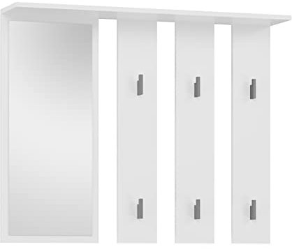 CDF Garderobe Parma | Farbe: weiß | Platz für Kleidung, Mäntel, Jacken | Ideal für Flur, Flur, Büro, Büro | 6 Haken | Regal | Großer Spiegel