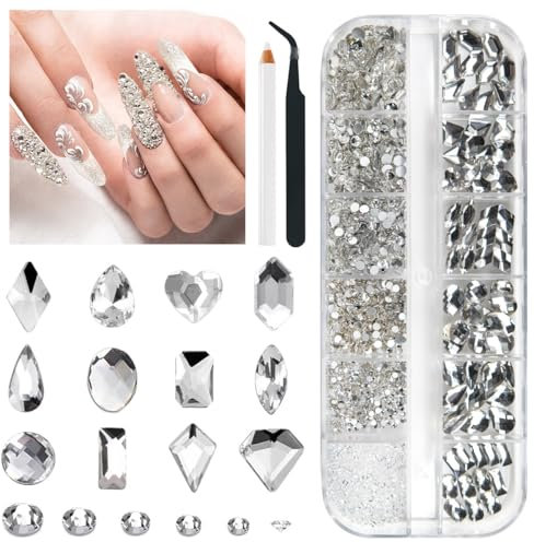 1300Pcs Kristall Weiß Glitzersteine Strasssteine Nägel, 60 12-Typen Groß Glitzer Steine+1240 6-Größen K9 Glas Runde Nagel Steinchen Rhinestones Nailart nageldesign Nagel Charms für Nagelkunst Gesicht
