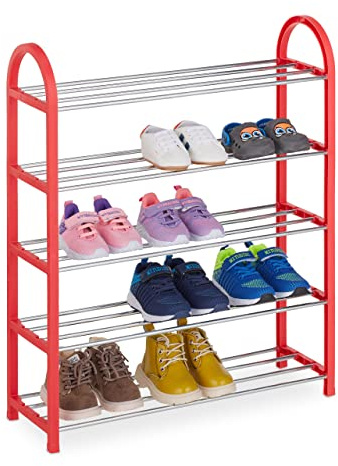 Relaxdays Kids Shoe Rack, 15 Pairs, up to Children's Size 11.5 UK, Space-Saving, Lightweight, Footwear Storage, Red, 71 x 57.5 x 18.5 cm