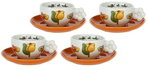 THUN, Set di 4 Tazzine da Caffè in Porcellana con Decorazione Floreale Ispirata ai Prati dell'Alto Adige, Linea Happy Country, Capacità 10.5 cl, Piattino Ø 12 cm