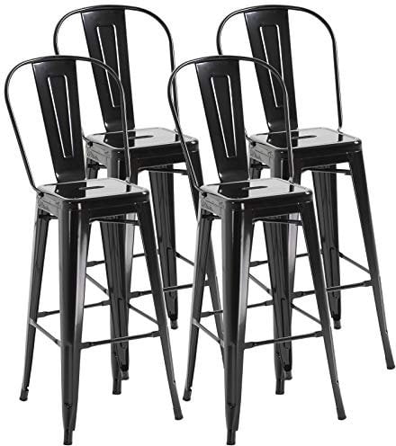 HOMCOM Juego de 4 Taburetes de Bar con Respaldo Alto Silla de Comedor de Metal con Reposapiés para Comedor Carga 120 kg 44x49x116 cm Negro