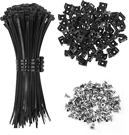 YPLonon Kabelbinder-Set 300 Stück: Kabelbinder, Kabelbinderhalterung, Schrauben, Schwarz, Nylon, 15 cm, Rund