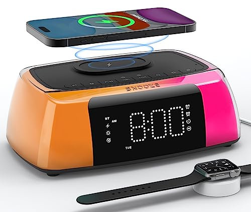 Reloj despertador digital con carga inalámbrica, altavoz Bluetooth, luz nocturna, máquina de sonido, 0-100% regulable, cargador USB, reloj de mesita de noche ruidoso para adultos y adolescentes