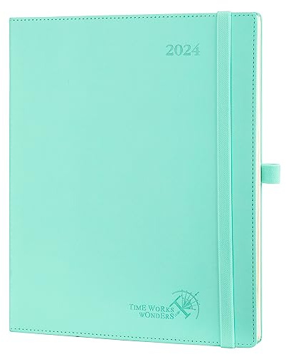POPRUN Diary 2024 Week to View 26.5 x 21.5 cm Large PU Leather Soft Cover, Vertical 24 Weekly Planner with Appointment, Easy,track Corner, Elastic Closure, 100GSM FSC® Certified Paper - Mint Green