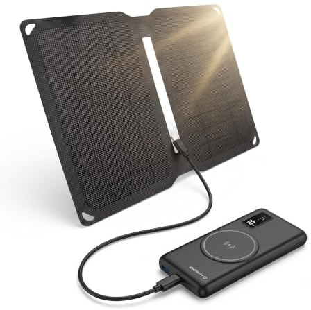 Infinity Power - Chargeur Solaire Pliable Nomade avec 1 Port USB 10W et Batterie 10 000 mAh Externe avec câble intégrés (USB-C,Lighning,Micro USB)