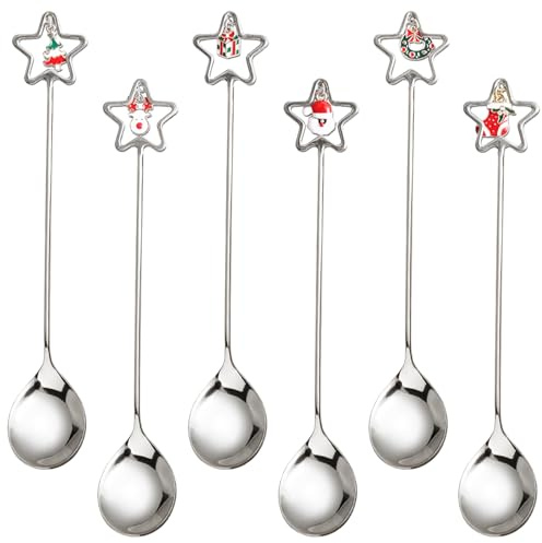 6 Stück Weihnachtslöffel Edelstahl Rührlöffel mit Pedant Weihnachts-Kaffeelöffel Kaffee-Rührlöffel Teelöffel Dessertlöffel mit Geschenkverpackung für Party Tischdekoration (B)