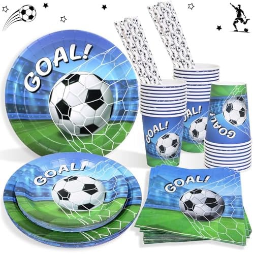 Heboland Decoration Assiette Anniversaire Foot Kit pour 25 Invités, Vaisselle Anniversaire Football Deco Assiettes, Serviette,Pailles,Tasse pour Décorations Anniversaire Garçon