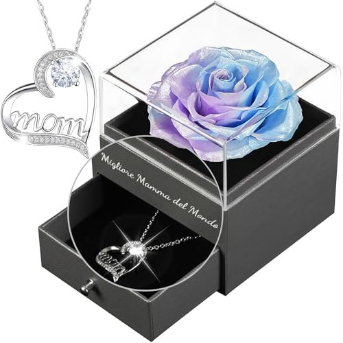 Yamonic Festa della Mamma Idee Regalo, Migliore Mamma del Mondo, Rosa Eterna Con Collana, Rosa Stabilizzata Vera, Compleanno, Blu-viola