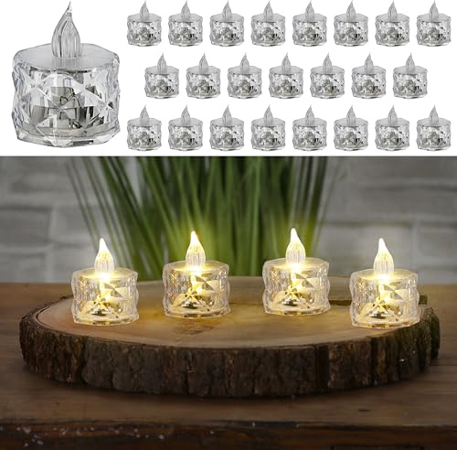 Cepewa LED Teelicht Kristall 24 Stück Display | klar 4x5cm Kunststoff warmweiß | Ein-/Ausschalter Kerze künstlich Lämpchen
