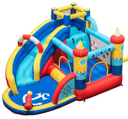 LIFEZEAL Aufblasbare Hüpfburg für Kinder von 3-12 Jahren, Wasserpark mit Sicherheitsnetz, Rutsche, Trampolin, Pool, Wasserkanone, für drinnen und draußen, Segelthema (ohne Gebläse)