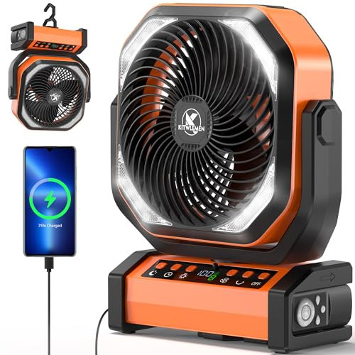 KITWLEMEN Ventilador de camping con luz, 20000 mAh, 112 horas de autonomía máx. 9 velocidades, temporizador, oscilación automática, rotación de 270° y gancho de camping, corte de corriente, huracán