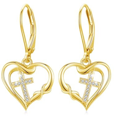 CUOKA MIRACLE Kreuz Ohrringe für Mädchen - Goldene Herz Ohrringe 925 Sterling Silber - Kleine Creolen für Damen - Unendlichkeit Geschenke Schmuck
