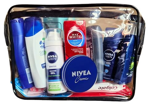 Ensemble d'articles de toilette de voyage pour homme Essentials | Mini articles de toilette de voyage dans un sac de voyage approuvé par l'aéroport Hubsidia, transparent, Format voyage