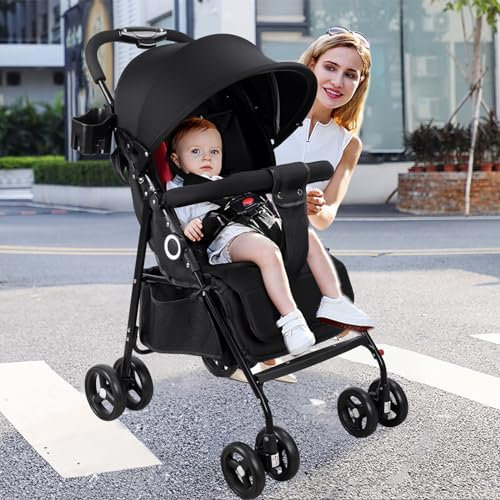 Kinderbuggy Klein Zusammenklappbar, Einhändiig Klein Zusammenklappbar, Leicht, Bis 25 kg, Buggy mit liegefunktion,Sonnenverdeck, XL Enkaufskorb,Schwarz