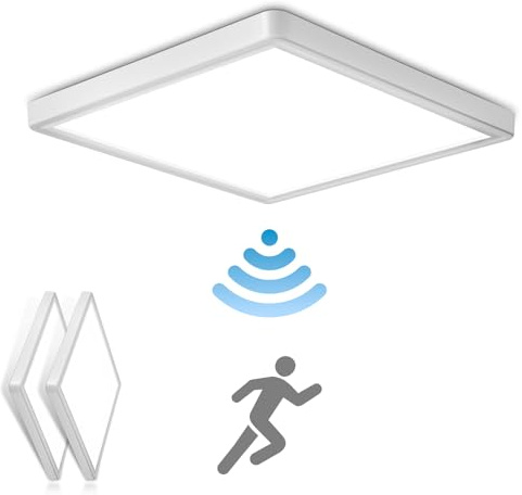 OPPEARL [2 Stücke] LED Deckenleuchte mit Radar Bewegungsmelder, 18W 1800LM 4000K Lampe mit Bewegungsmelder innen, IP44 LED Deckenlampe Flach für Treppe Balkon Flur Keller, 23 * 23 * 2.4cm