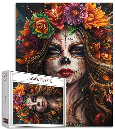 Tucocoo Day of The Dead Jigsaw Puzzles for Adults 1000 Pieces, Skull Flowers Woman Portrait Art Jigsaw Puzzle Colorful DIY Puzzles for Home Decoration Gifts, Family Puzzle Perfect for Game Nights
