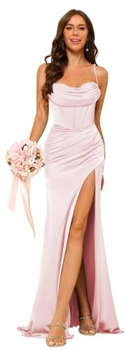Robe de bal longue sirène plissée pour femme - Bretelles spaghetti - Satin - Robe de demoiselle d'honneur - Robe de soirée plissée avec fente, Rose pâle., XS