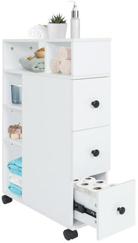 ARTETHYS Slim Bathroom Storage Unit, Narrow Bathroom Floor Storage Cabinet with 3 Slide Out Drawers, Bathroom Organiser on Wheels with Shelves for Living Room, Hallway