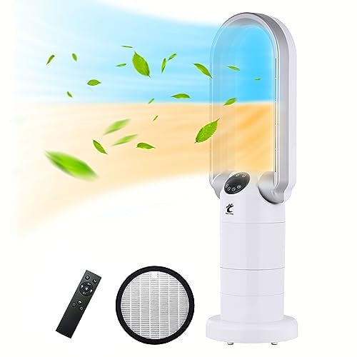 OceanLoong 1500W Bladeless Tower Fan Heater with HEPA Air Purifier - Energy Efficient - Remote Control - Timer - Oscillation & Adjustable Thermostat for Home & Bedroom - AB01H (White)
